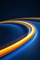 Dynamic curved light trails in orange and blue colors against dark background create modern abstract composition for technology and motion concepts.