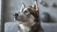 Majestic husky dog with distinctive gray and white fur looking up attentively against blurred background, showcasing alert expression and pointed ears.