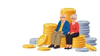 Senior couple sitting on stacks of golden and silver coins representing retirement savings, pension planning and financial security for elderly people.