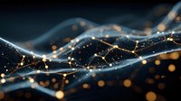 Abstract digital network waves with glowing golden particles and connecting lines on dark background for technology and data visualization concepts.
