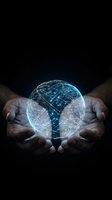 Hands holding glowing digital globe with network connections representing global technology, communication and data transfer on dark background.