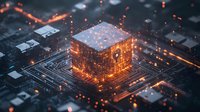 Glowing orange cube with lock symbol on circuit board represents cybersecurity and data protection concept. Digital particles create futuristic atmosphere.