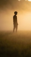 Silhouette of young man standing in misty field during golden hour sunrise with warm atmospheric light and fog creating dreamy mood for wellness concepts.