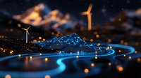 Futuristic wind turbines on mountain landscape with glowing blue data visualization network and curved light trails at night. Digital energy concept.