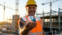 Male construction worker in safety helmet and orange vest holding digital envelope icon at building site during sunset, representing communication and project management in construction industry.