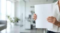 Professional holding blank white document in modern office environment with natural light and contemporary workspace background.