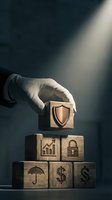 Hand placing wooden block with shield symbol on pyramid of business icons representing financial security and risk management concepts.
