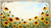 Watercolor black-eyed Susan flowers framing a blank card with ornate golden border, copy space for text, summer floral greeting design.