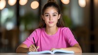 Young Asian female student in pink sweater studying with textbook at desk, soft bokeh lights create warm atmosphere for education and learning concept.