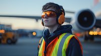 Young male airport ground crew worker wearing safety vest and headphones stands near aircraft during sunset, with jet engine and bokeh lights in background.