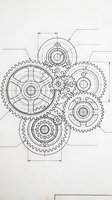 Technical blueprint drawing of interlocking gear mechanism with measurement lines for engineering and mechanical design projects.