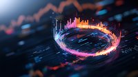 Futuristic circular financial data visualization with glowing pink and orange graphs, charts and market statistics on dark background with depth of field effect.