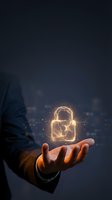 Businessman hand holding glowing digital padlock with sparkling effects representing cybersecurity and data protection in modern technology environment.