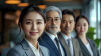 Professional Asian business team standing in modern office with young woman leader in foreground and diverse colleagues behind in corporate setting.