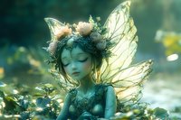 Mystical fairy creature with translucent wings and floral crown rests peacefully in enchanted garden setting amid soft glowing light and delicate foliage.
