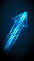 Glowing neon arrow with circuit board pattern and upload text on dark background, representing digital growth, technology advancement, and data transfer for web and app design.