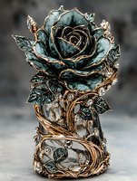 Ornate metal rose sculpture with copper and teal patina finish featuring intricate decorative base with swirling patterns and gemstone accents for luxury decor.