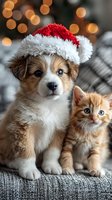 Adorable puppy wearing Santa hat sitting with orange kitten against warm bokeh lights creating festive Christmas holiday atmosphere for seasonal greeting cards.
