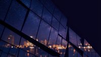 Modern glass building facade with illuminated windows reflecting starry night sky and city lights, suitable for corporate, architecture, and urban design projects.