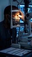 African American man undergoing comprehensive eye examination with slit lamp biomicroscope in modern ophthalmology clinic for vision health assessment.