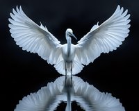 Majestic white egret with spread wings reflected in still water against dark background, creating symmetrical mirror effect. Dramatic wildlife composition.