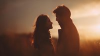 Romantic couple silhouettes embracing at golden hour sunset creating intimate moment with warm atmospheric lighting for love and relationship concepts.