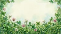 Watercolor clover border frame with blooming pink and white flowers on soft green background, copy space for text, St. Patrick's Day greeting card.