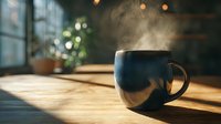 Steaming hot beverage in ceramic mug on wooden table with morning sunlight streaming through window, creating cozy atmosphere in cafe setting.