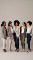 Group of five diverse women in business casual attire standing together against neutral background, wearing blazers and trousers for corporate, team, and professional workplace concepts.
