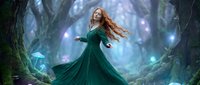 Young redhead woman in flowing emerald dress dancing in mystical forest with glowing lights and ancient trees for fantasy storytelling and magical themes.