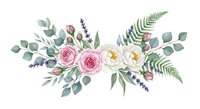 Watercolor floral arrangement with pink and cream roses, lavender, fern leaves, and eucalyptus on transparent background. Isolated botanical design for weddings, invitations, and crafts.