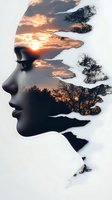 Double exposure silhouette of woman profile with sunset and forest landscape, representing connection between human consciousness and nature.