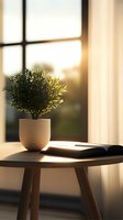 Small potted plant and open book on wooden table near window with warm sunset light creating cozy atmosphere for reading and relaxation.