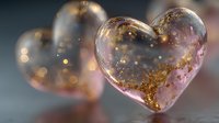 Transparent glass heart with golden glitter particles floating inside, romantic love symbol with warm bokeh lights background for Valentine's Day designs.