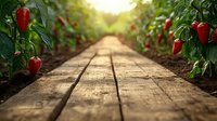 Wooden pathway through organic red bell pepper farm at sunset, rows of ripe vegetables growing in sustainable agriculture setting.