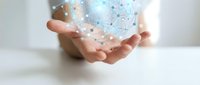 Hands holding glowing digital network globe with connected nodes and lines representing global communication, data transfer, and worldwide connectivity for business and technology concepts.