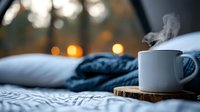 Steaming coffee cup on wooden coaster with cozy blanket and pillows in bed, warm bokeh lights creating relaxing morning atmosphere. Perfect for lifestyle content.