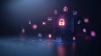 Digital security concept with glowing padlock icon connected to network symbols on dark blue background with pink and purple light effects.