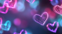 Glowing neon heart shapes floating on dark background with pink and blue bokeh lights create romantic atmosphere for Valentine's day designs and love themes.