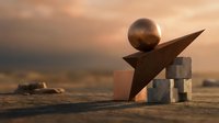 Abstract balanced composition with geometric shapes and sphere on wooden surface during golden hour sunset creating harmony and equilibrium concept.
