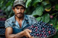 Hispanic coffee farmer holding freshly harvested ripe coffee cherries in basket, showcasing sustainable agriculture on plantation.