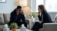 Professional therapist counseling stressed African American businessman in modern office setting for mental health support and workplace wellness.