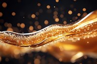 Luxurious golden wave with sparkling bokeh effect and flowing metallic curves against dark background creates elegant festive atmosphere for luxury designs.