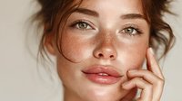 Young woman with freckles touching face in natural beauty portrait. Fresh skin care and wellness concept for cosmetic advertising and skincare products.