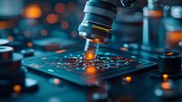 Microscope lens focusing on electronic circuit board with orange light reflections and bokeh effect in dark scientific laboratory environment.