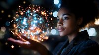 Young African American woman holding glowing magical sphere with sparkles and light effects against dark background with bokeh lights, expressing wonder and amazement.