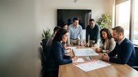 Business team meeting in modern office with diverse professionals discussing project plans and documents around conference table.