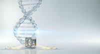 Young male scientist of European descent in laboratory setting examining crystalline DNA helix structure with gold particles, representing genetic research and biotechnology innovation.