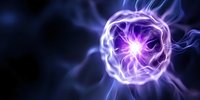 Glowing purple and blue energy sphere with lightning effects on dark background, abstract plasma ball with electric rays emanating outward in cosmic space.