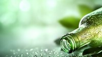 Green glass bottle with water drops and bokeh effect in soft focus, creating fresh atmospheric composition suitable for beverage advertising and lifestyle content.